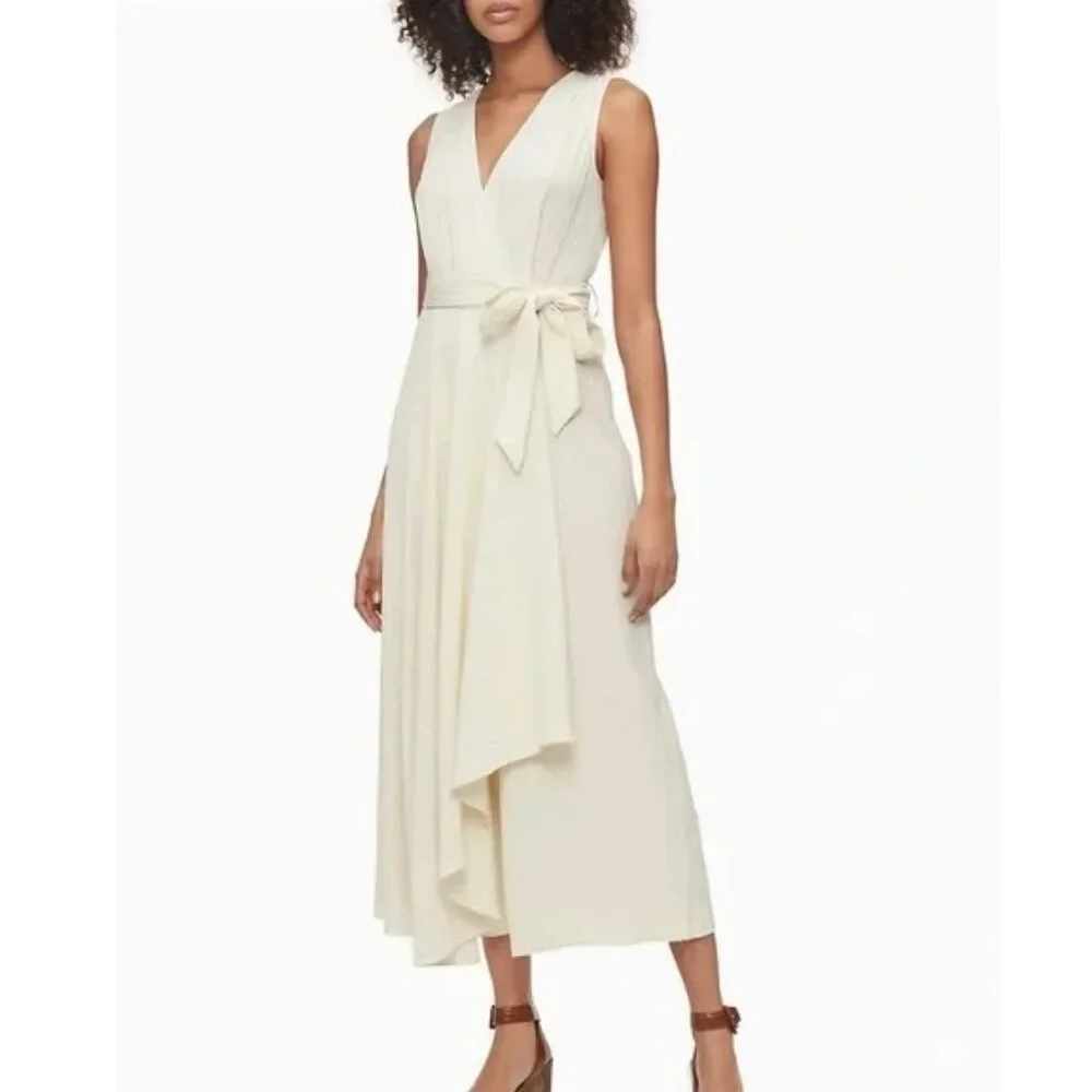 NEW Calvin Klein Gauze Mock-Wrap Jumpsuit White Size 6 Wide Leg Sleeveless Boho